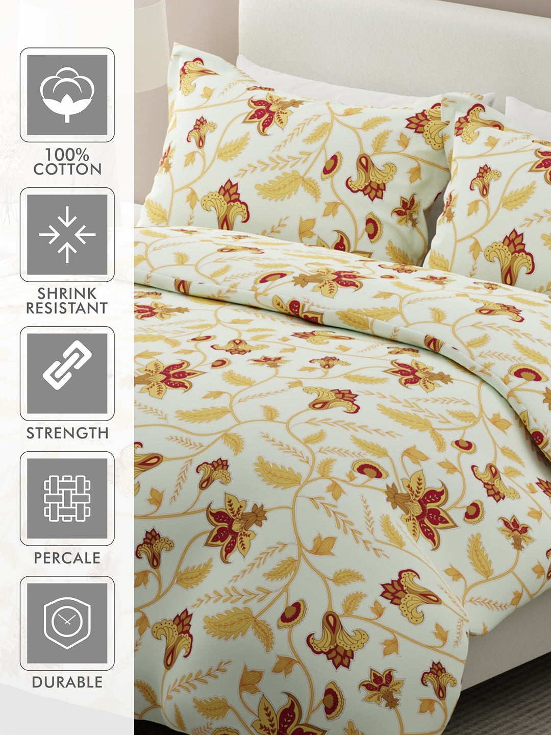 Siesta 100% Cotton 200 TC White & Yellow Floral Print King Bedsheet with 2 Pillow Covers