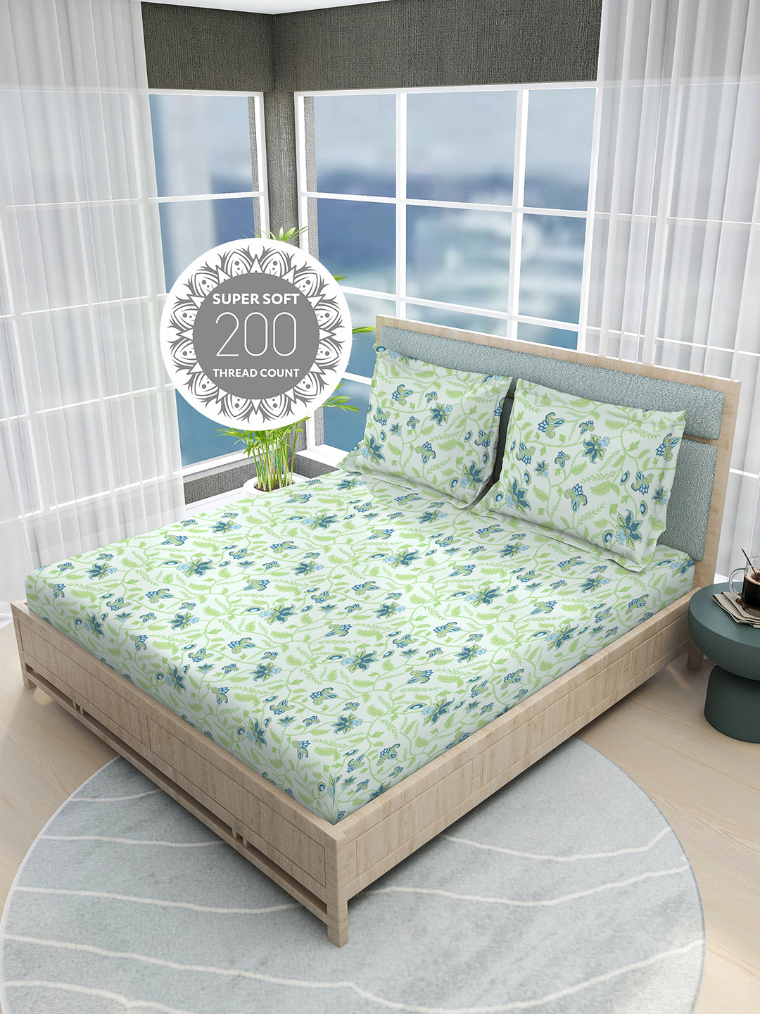Siesta 100% Cotton 200 TC Green & Blue Floral Print King Bedsheet with 2 Pillow Covers