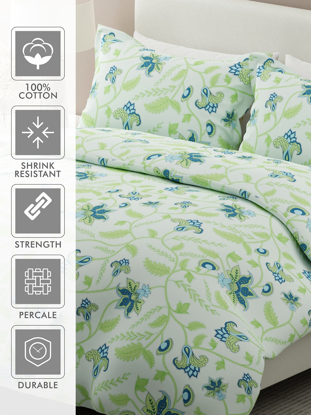 Siesta 100% Cotton 200 TC Green & Blue Floral Print King Bedsheet with 2 Pillow Covers