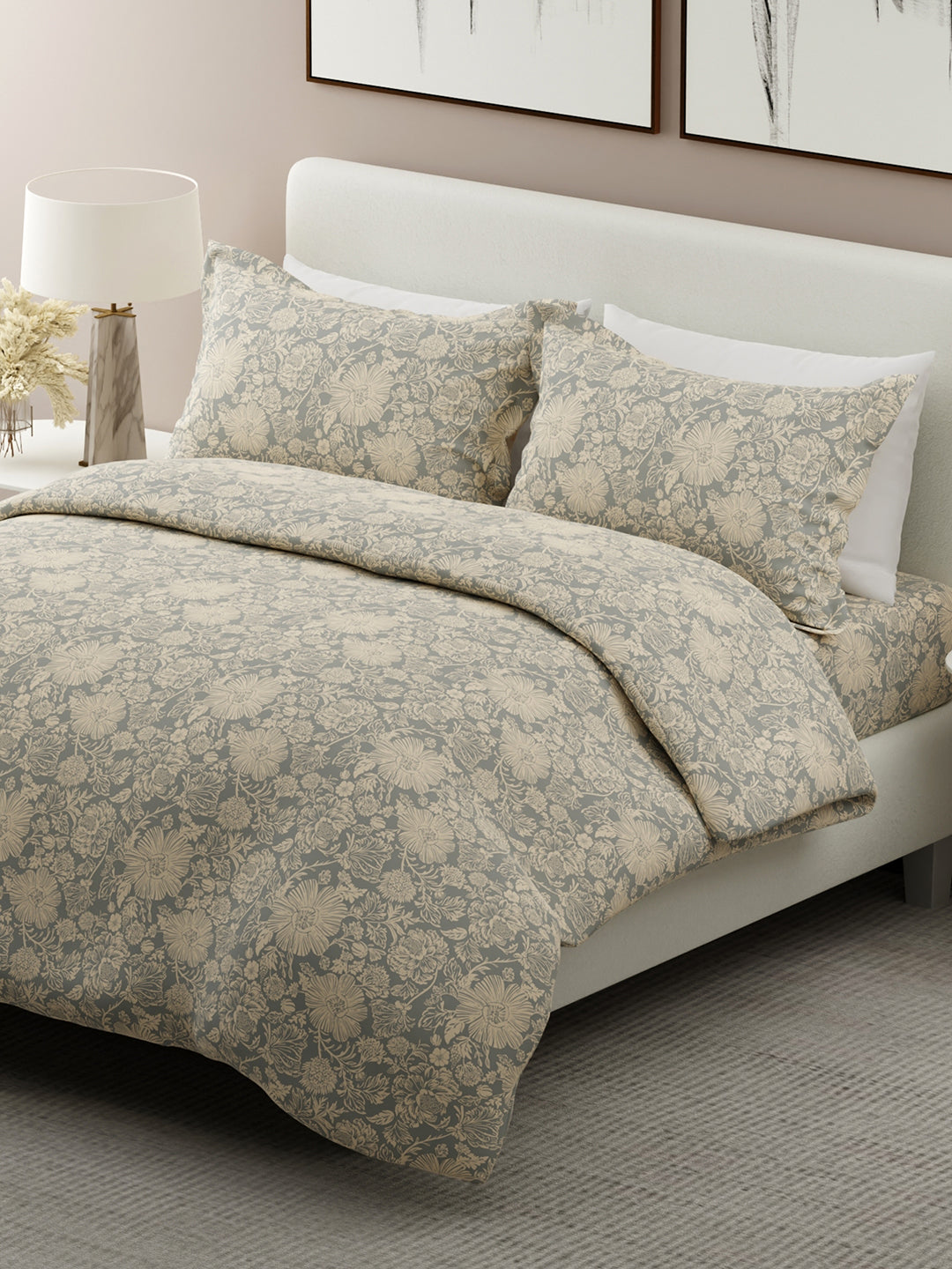 Siesta 100% Cotton 200 TC Grey & Beige Floral Print King Bedsheet with 2 Pillow Covers