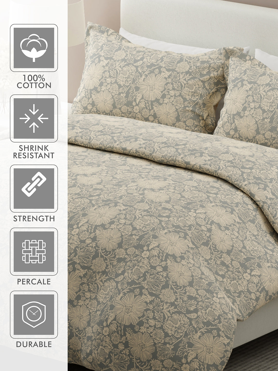 Siesta 100% Cotton 200 TC Grey & Beige Floral Print King Bedsheet with 2 Pillow Covers