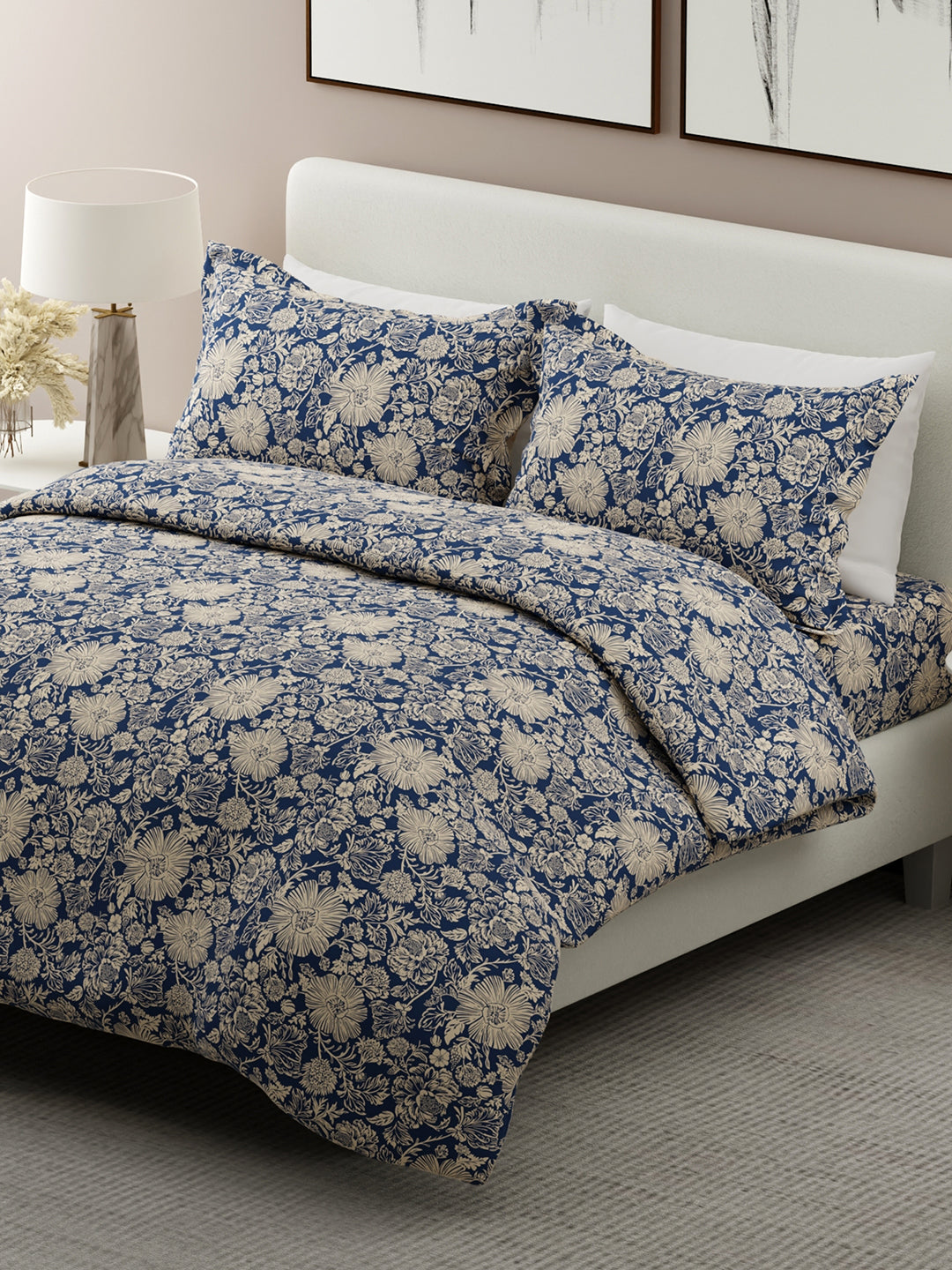 Siesta 100% Cotton 200 TC Blue & Beige Floral Print King Bedsheet with 2 Pillow Covers