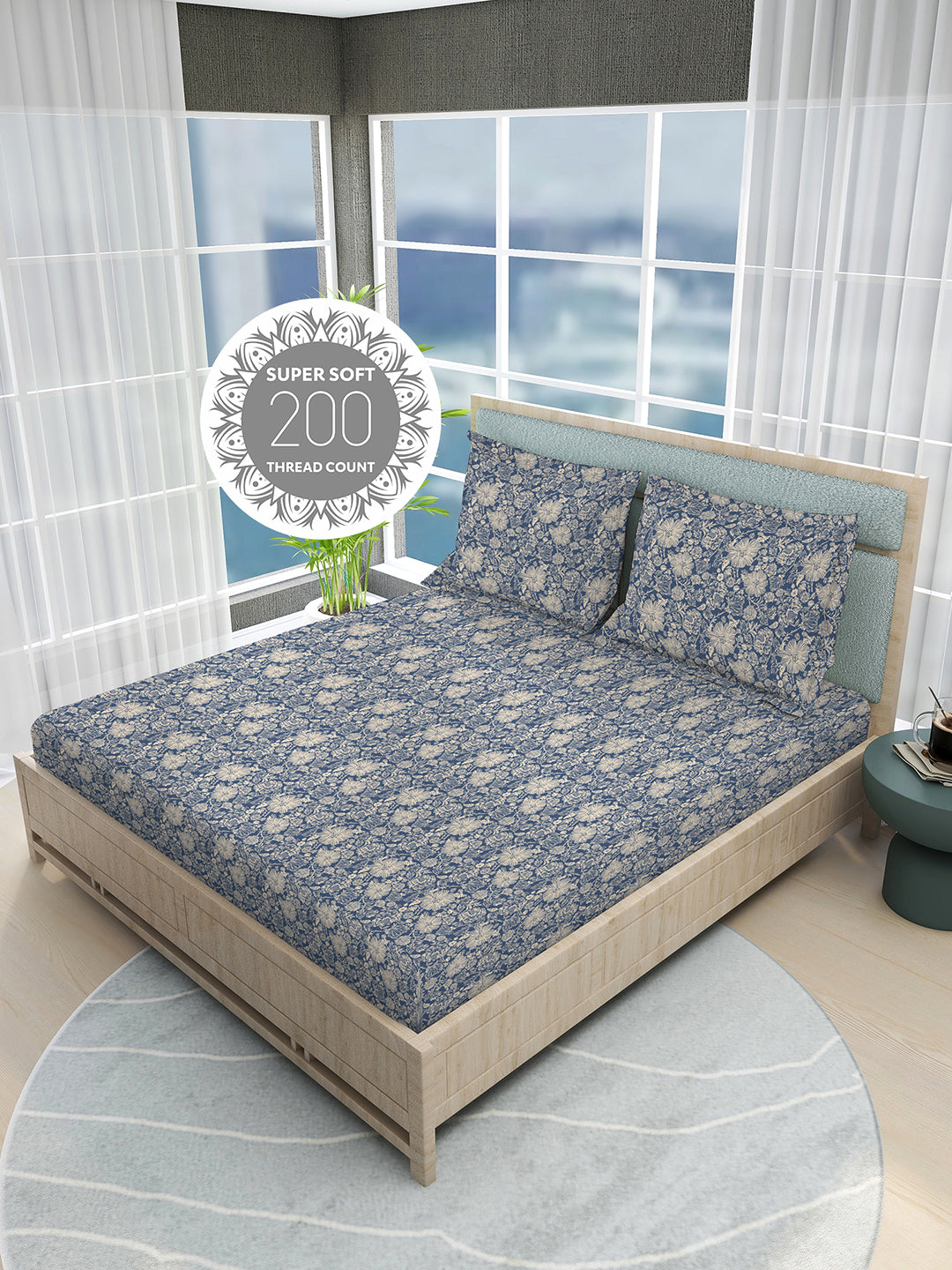 Siesta 100% Cotton 200 TC Blue & Beige Floral Print King Bedsheet with 2 Pillow Covers