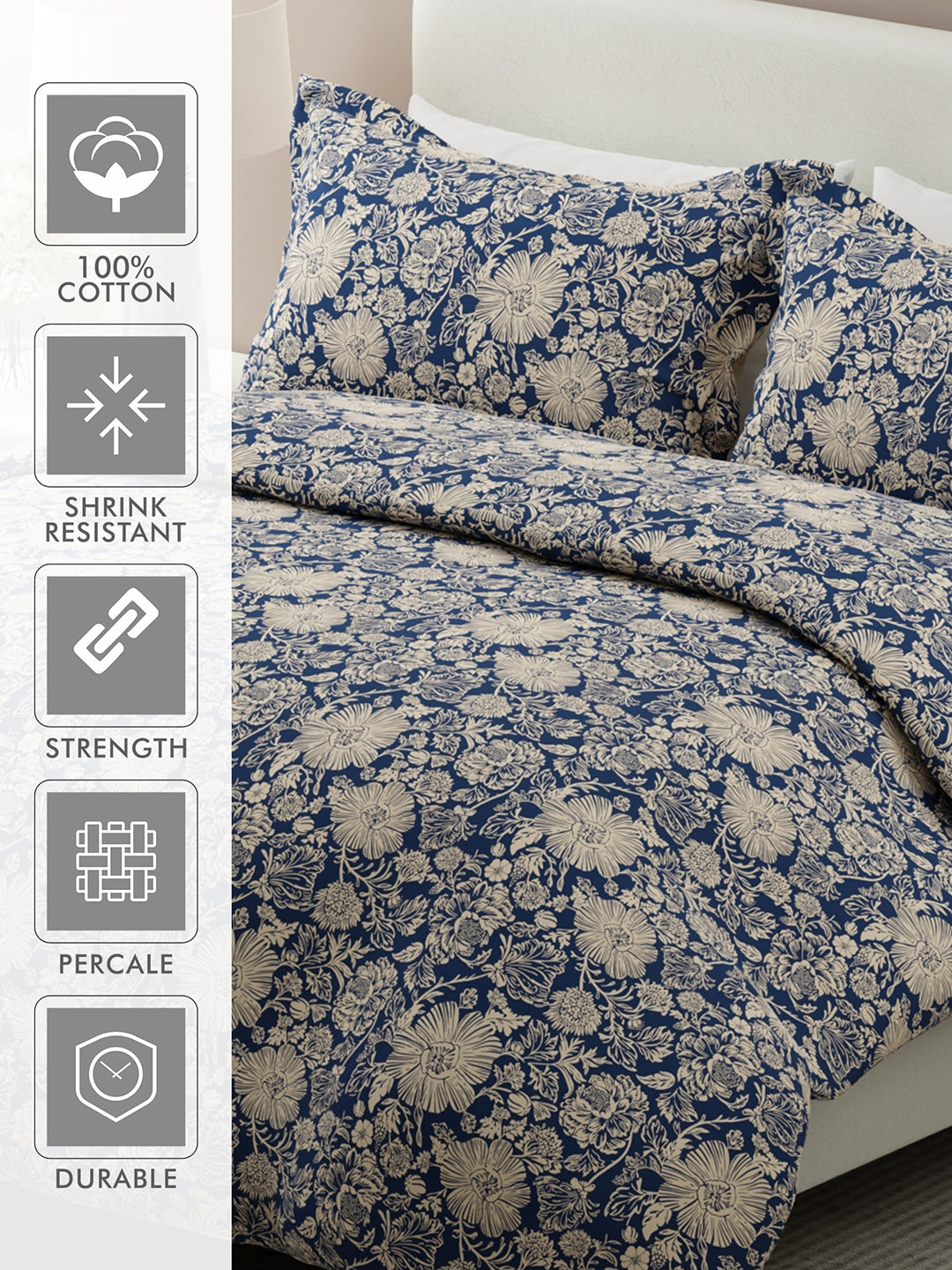 Siesta 100% Cotton 200 TC Blue & Beige Floral Print King Bedsheet with 2 Pillow Covers