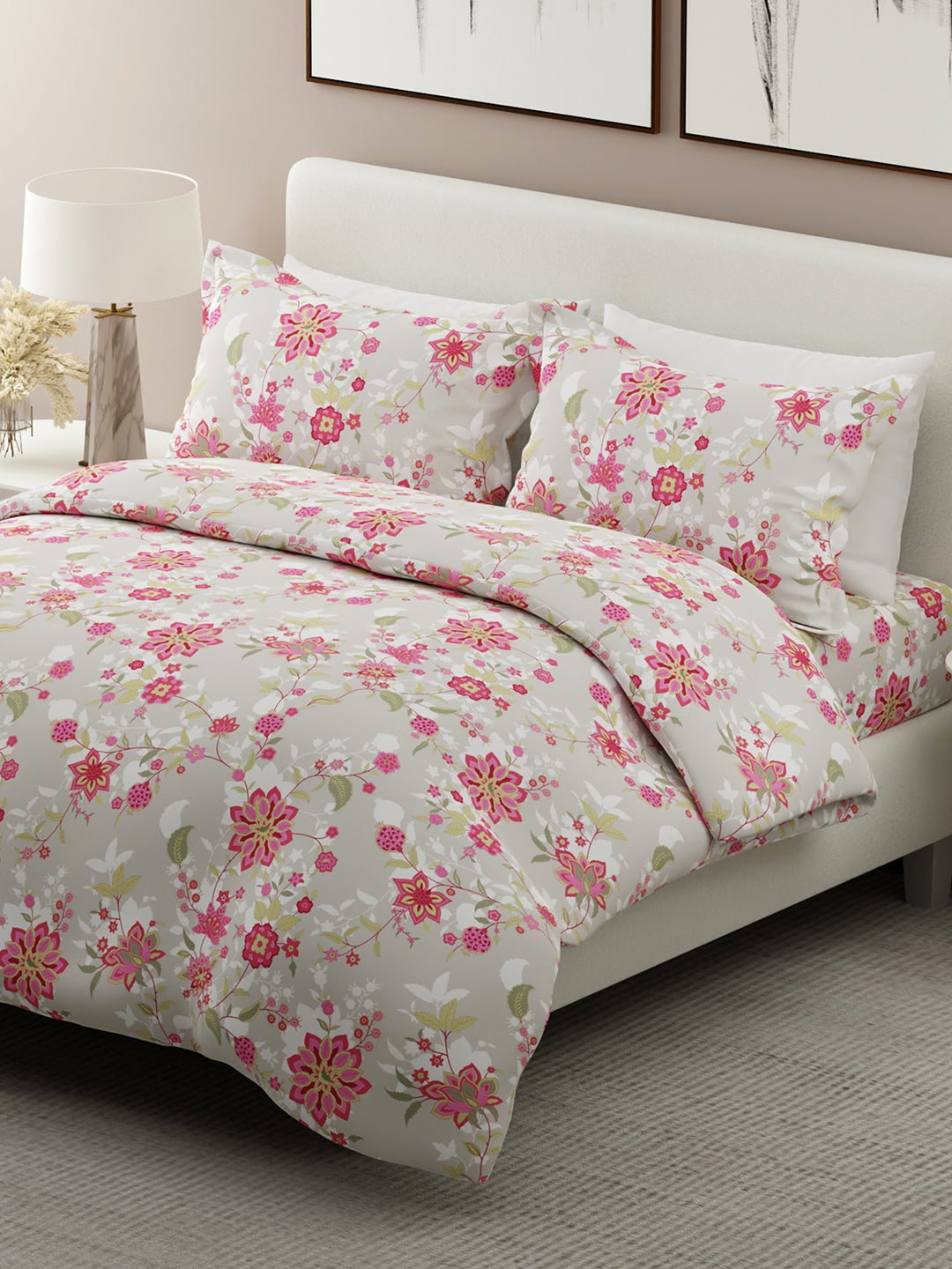 Siesta 100% Cotton 200 TC Pink & Grey Floral Print King Bedsheet with 2 Pillow Covers