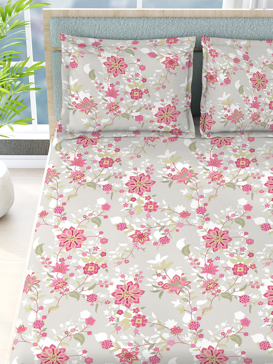 Siesta 100% Cotton 200 TC Pink & Grey Floral Print King Bedsheet with 2 Pillow Covers