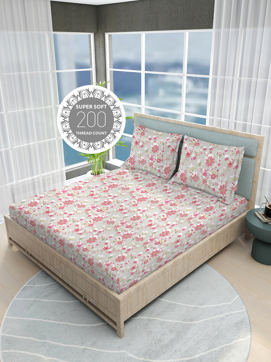 Siesta 100% Cotton 200 TC Pink & Grey Floral Print King Bedsheet with 2 Pillow Covers