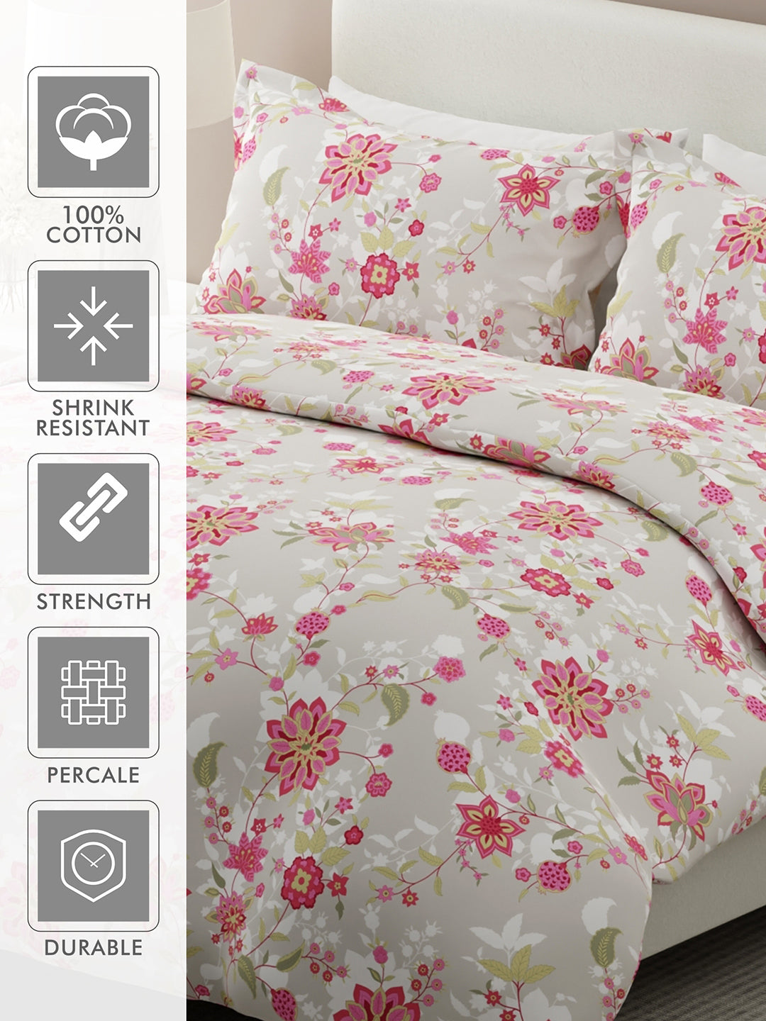 Siesta 100% Cotton 200 TC Pink & Grey Floral Print King Bedsheet with 2 Pillow Covers