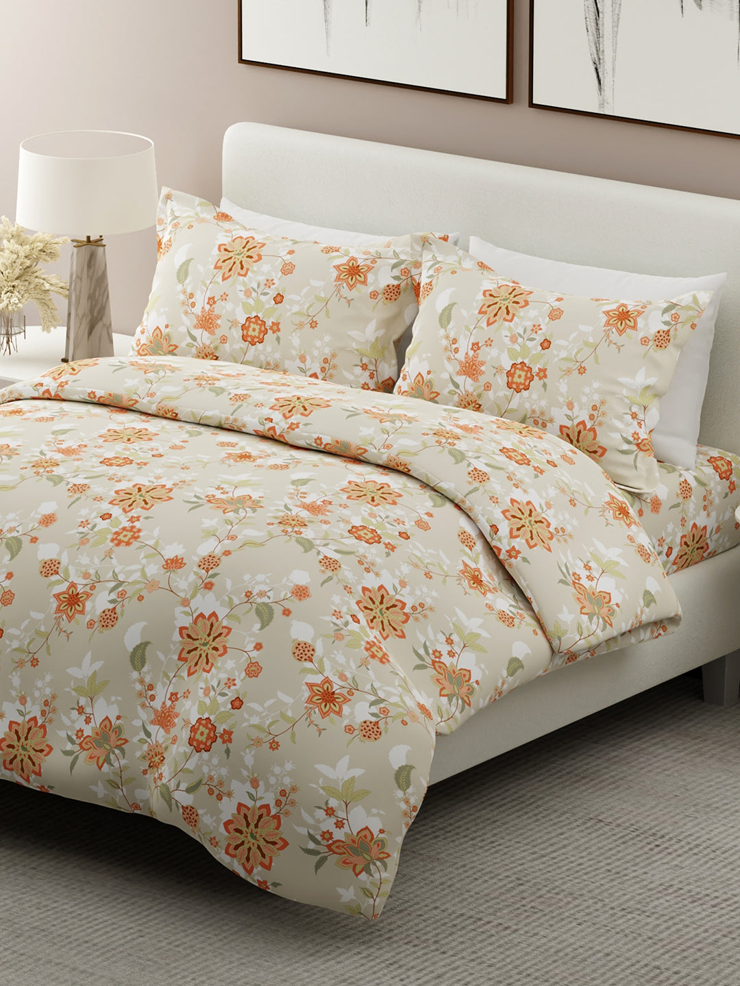 Siesta 100% Cotton 200 TC Grey & Orange Floral Print King Bedsheet with 2 Pillow Covers