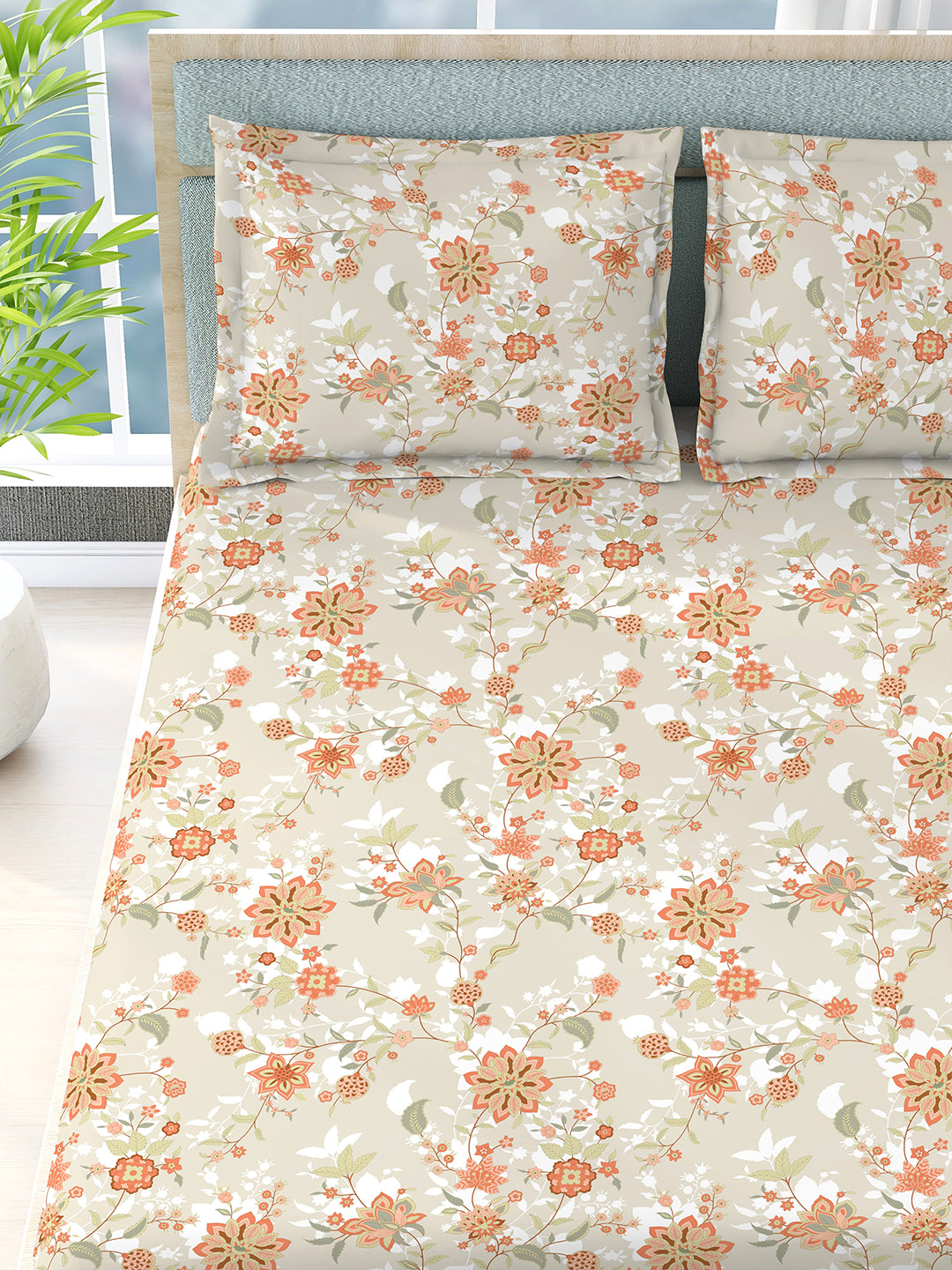 Siesta 100% Cotton 200 TC Grey & Orange Floral Print King Bedsheet with 2 Pillow Covers
