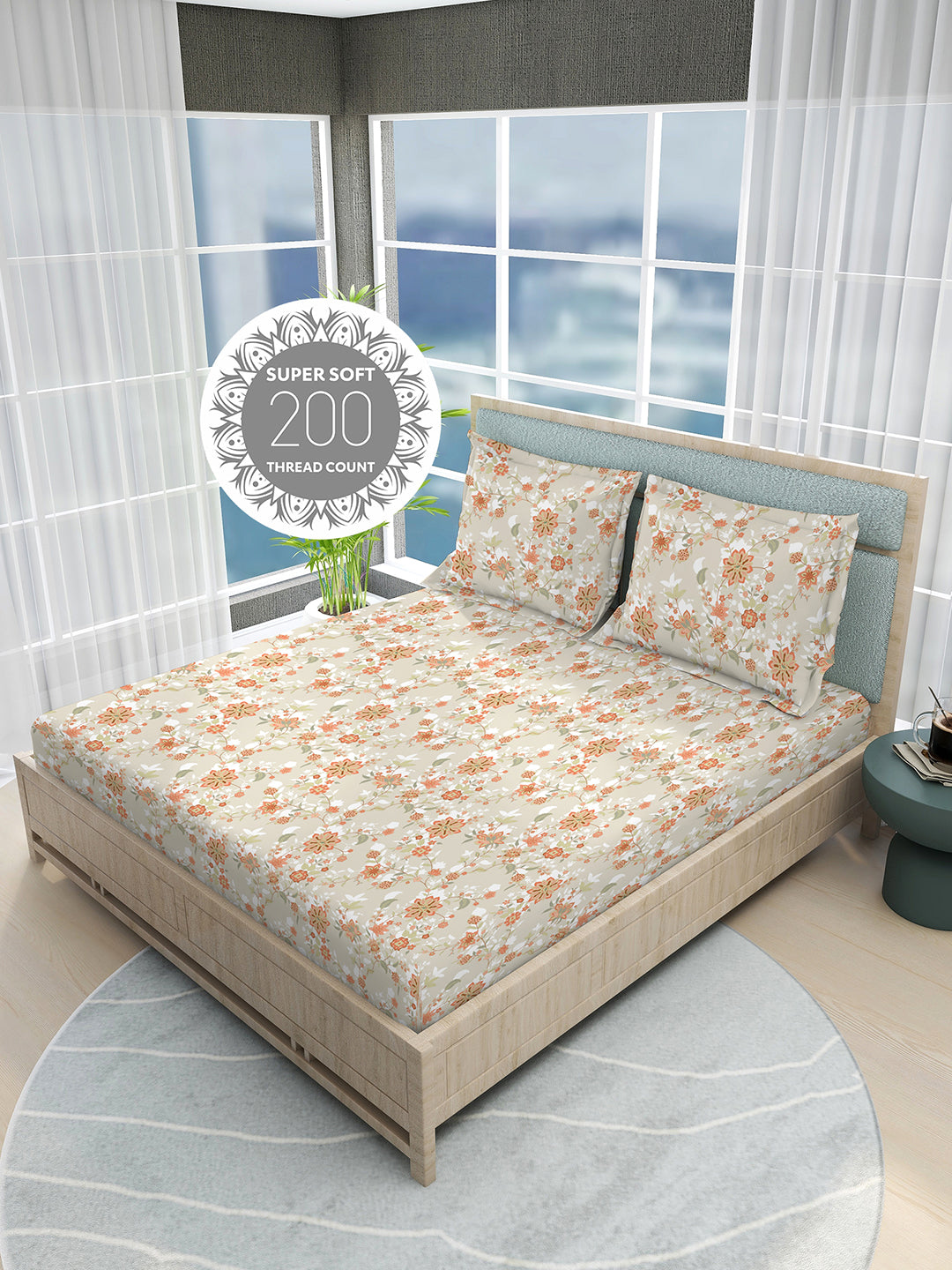 Siesta 100% Cotton 200 TC Grey & Orange Floral Print King Bedsheet with 2 Pillow Covers