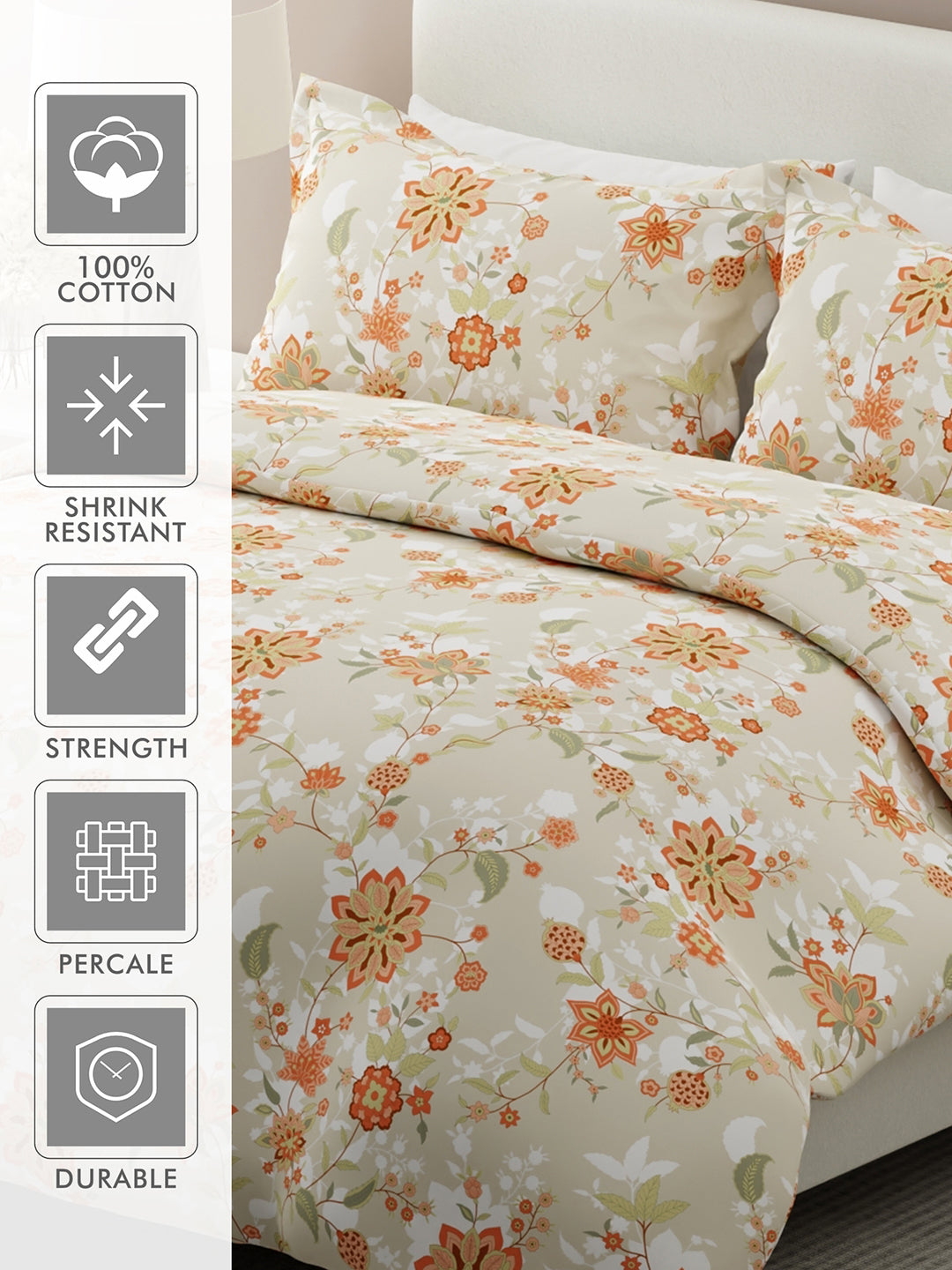 Siesta 100% Cotton 200 TC Grey & Orange Floral Print King Bedsheet with 2 Pillow Covers