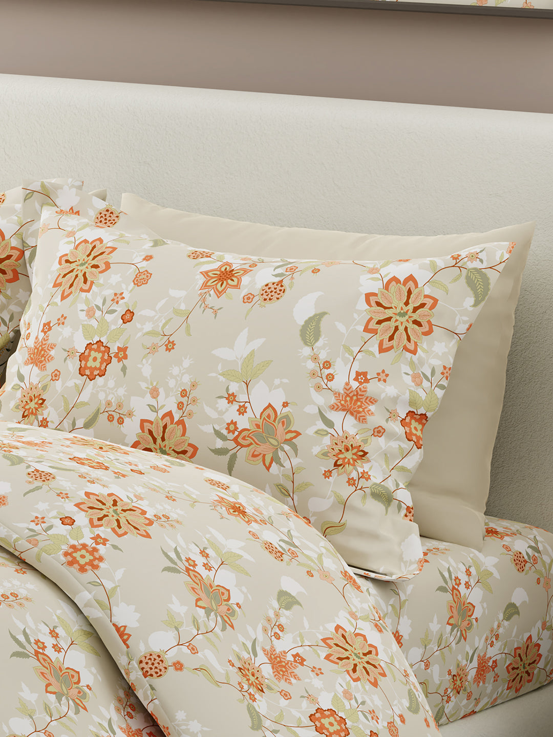 Siesta 100% Cotton 200 TC Grey & Orange Floral Print King Bedsheet with 2 Pillow Covers