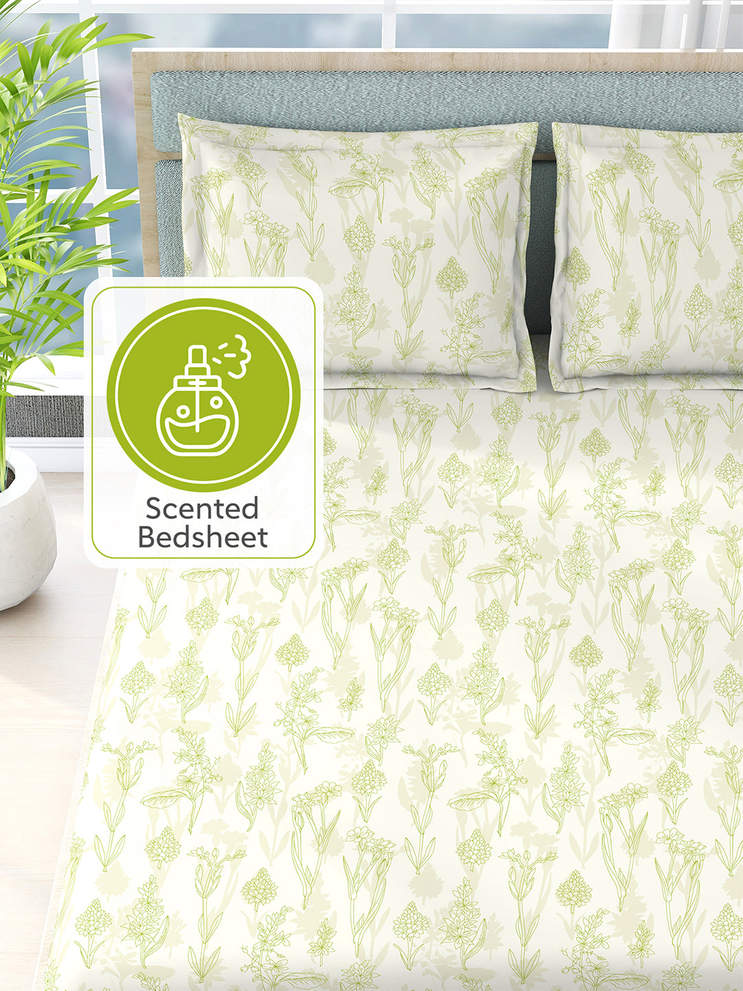 Nature Bouquet 100% Cotton 300 TC White Floral Print Scented King Bedsheet with 2 Pillow Covers (Green Apple Fragrance)