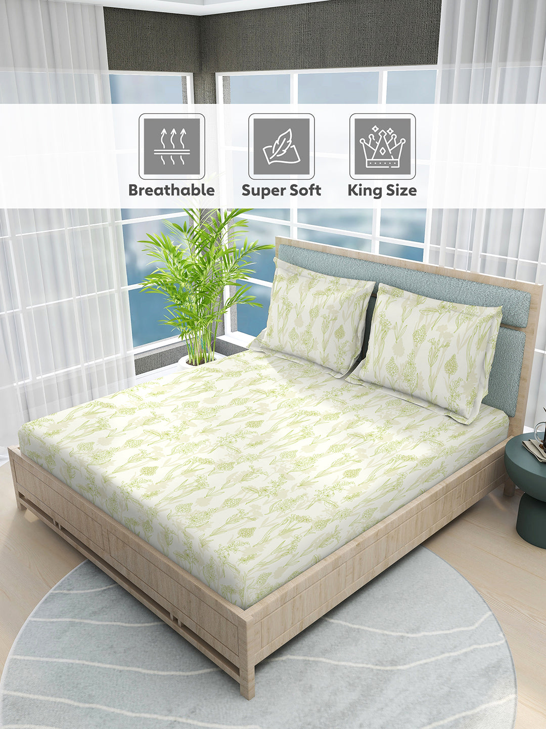 Nature Bouquet 100% Cotton 300 TC King Bedsheet with 2 Pillow Covers | Floral Fragrance Bedsheet Set
