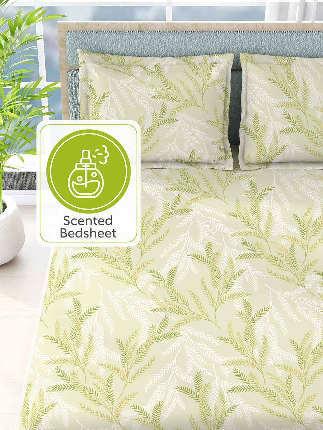 Nature Bouquet 100% Cotton 300 TC Printed Scented King Bedsheet with 2 Pillow Covers (Green Apple Fragrance)