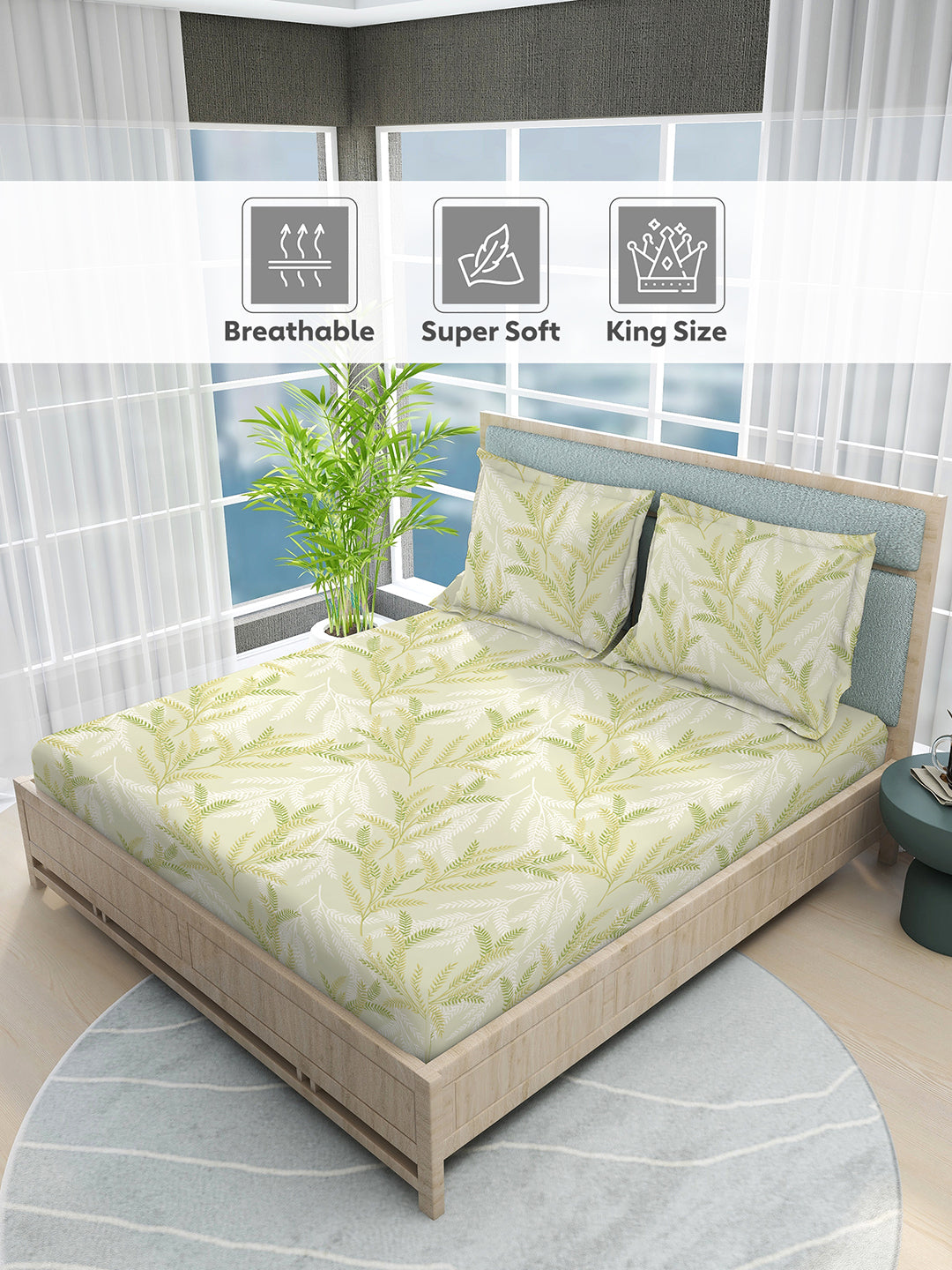 Nature Bouquet 100% Cotton 300 TC Printed Scented King Bedsheet with 2 Pillow Covers (Green Apple Fragrance)