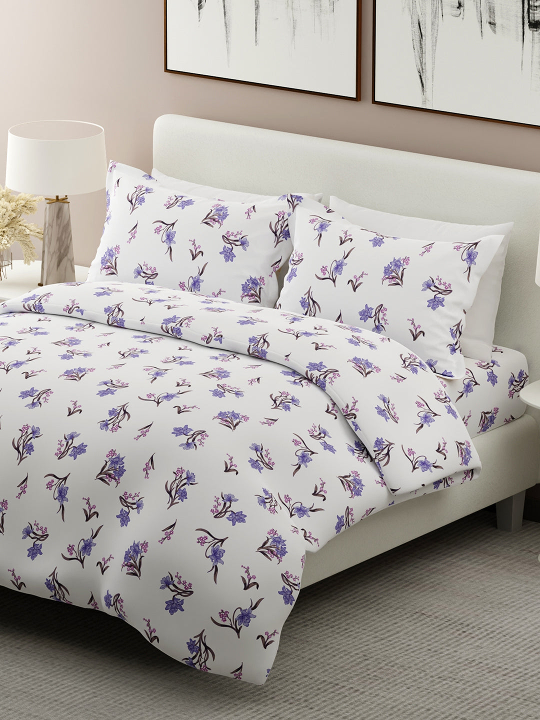 Nature Bouquet 100% Cotton 300 TC White Floral Print Scented King Bedsheet with 2 Pillow Covers (Lavender Fragrance)