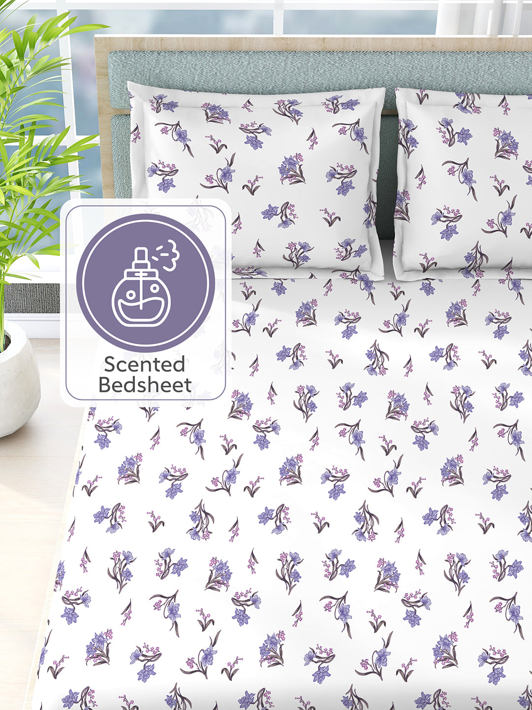 100% Cotton Scented King Bedsheet Set, 300 TC White Floral Print (Lavender Fragrance), Nature Bouquet