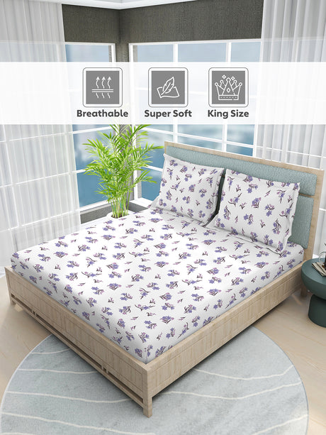 Nature Bouquet 100% Cotton 300 TC White Floral Print Scented King Bedsheet with 2 Pillow Covers (Lavender Fragrance)