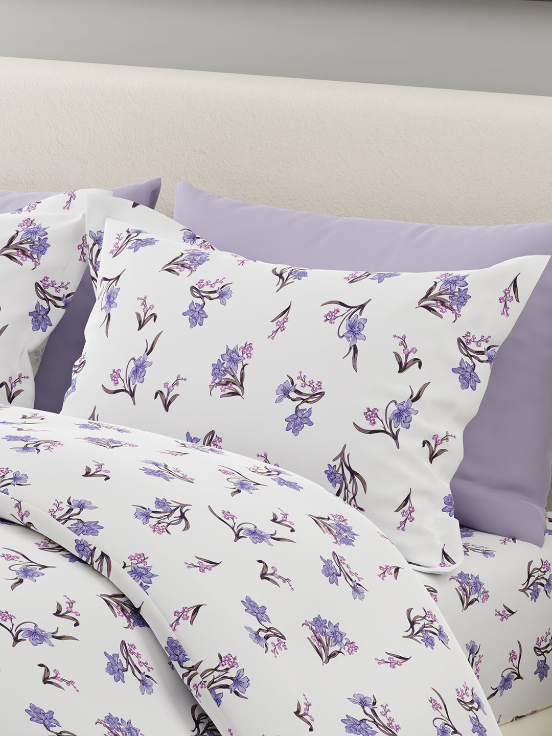 Nature Bouquet 100% Cotton 300 TC White Floral Print Scented King Bedsheet with 2 Pillow Covers (Lavender Fragrance)