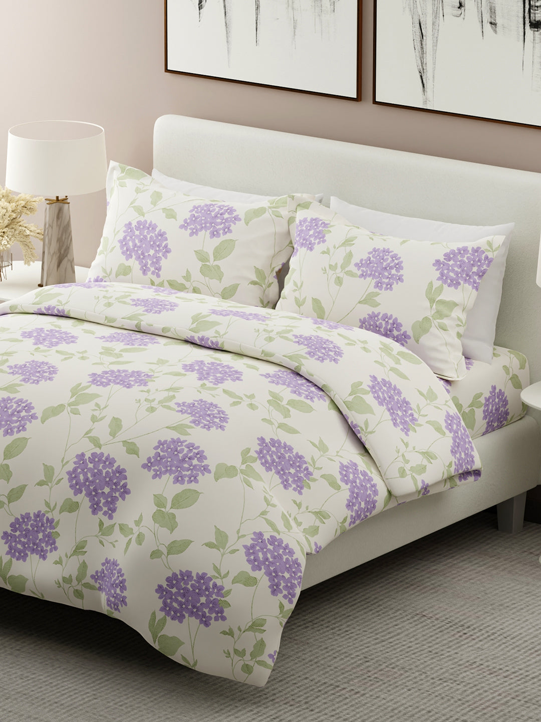 Nature Bouquet 100% Cotton 300 TC Printed Scented King Bedsheet with 2 Pillow Covers (Lavender Fragrance)