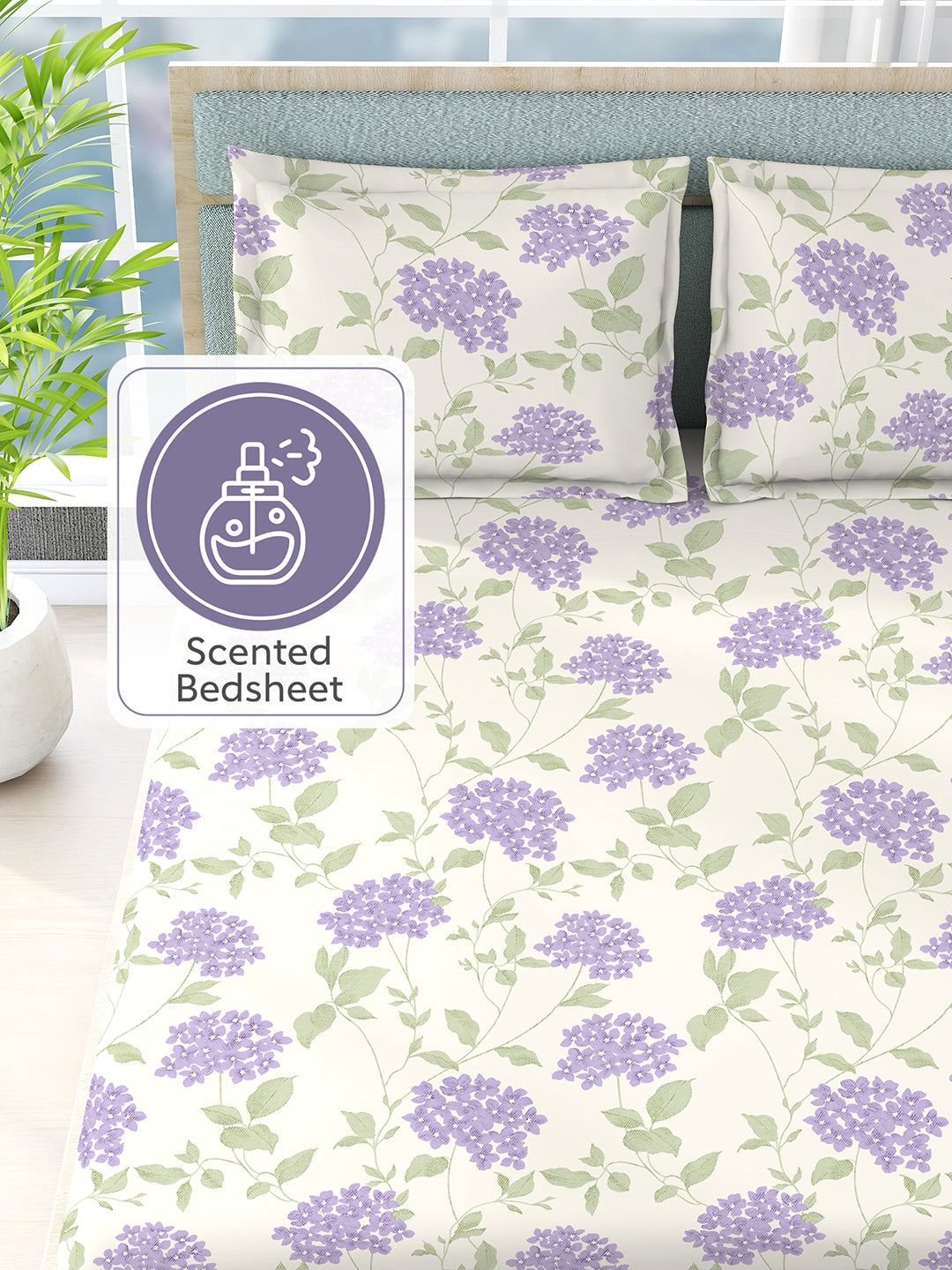 Nature Bouquet 100% Cotton 300 TC Printed Scented King Bedsheet with 2 Pillow Covers (Lavender Fragrance)