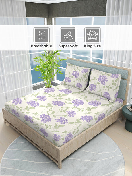 Nature Bouquet 100% Cotton 300 TC Printed Scented King Bedsheet with 2 Pillow Covers (Lavender Fragrance)