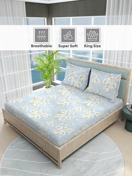 Nature Bouquet 100% Cotton 300 TC Blue Floral Print Scented King Bedsheet with 2 Pillow Covers (Jasmine Fragrance)