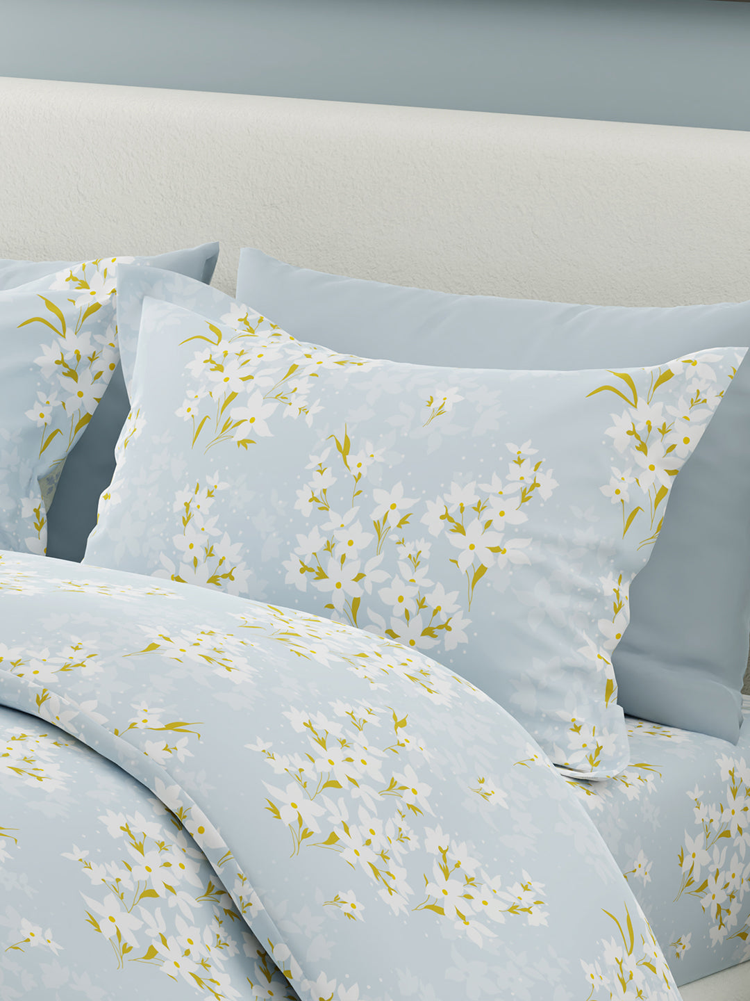 Nature Bouquet 100% Cotton 300 TC Blue Floral Print Scented King Bedsheet with 2 Pillow Covers (Jasmine Fragrance)