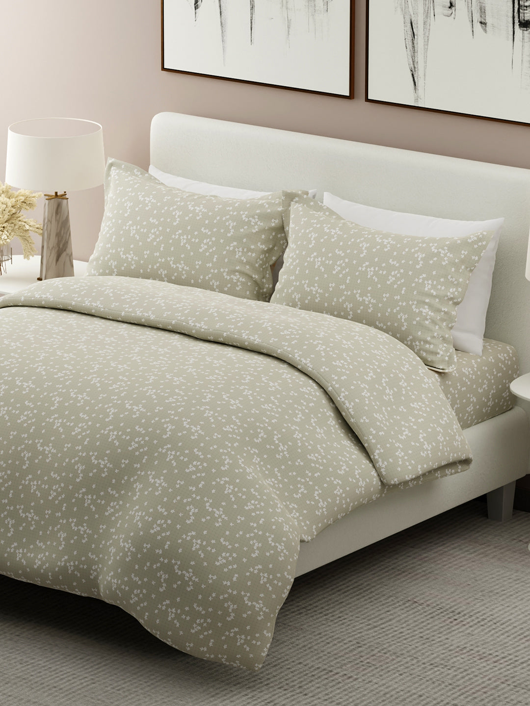 Nature Bouquet 100% Cotton 300 TC Grey Floral Print Scented King Bedsheet with 2 Pillow Covers (Jasmine Fragrance)