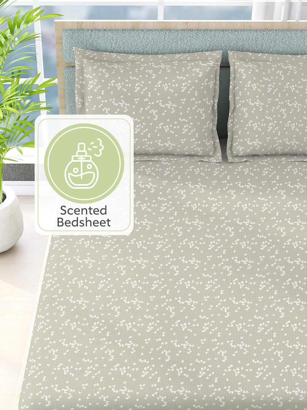 Nature Bouquet 100% Cotton 300 TC Grey Floral Print Scented King Bedsheet with 2 Pillow Covers (Jasmine Fragrance)