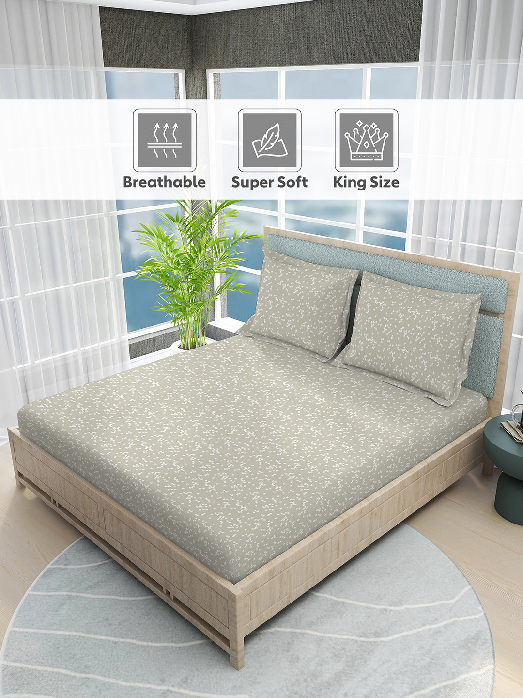 Nature Bouquet 100% Cotton 300 TC Grey Floral Print Scented King Bedsheet with 2 Pillow Covers (Jasmine Fragrance)