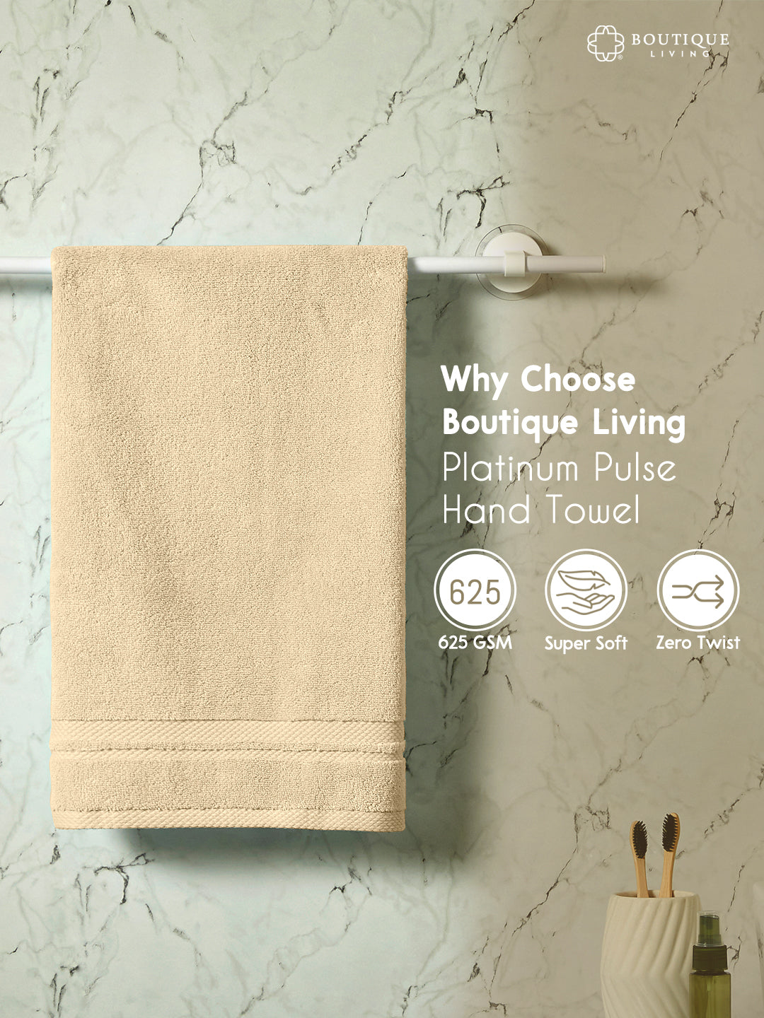 Platinum Pulse 100% Cotton 625 GSM Beige Hand Towels (Pack of 2) - Zero Twisted Technology