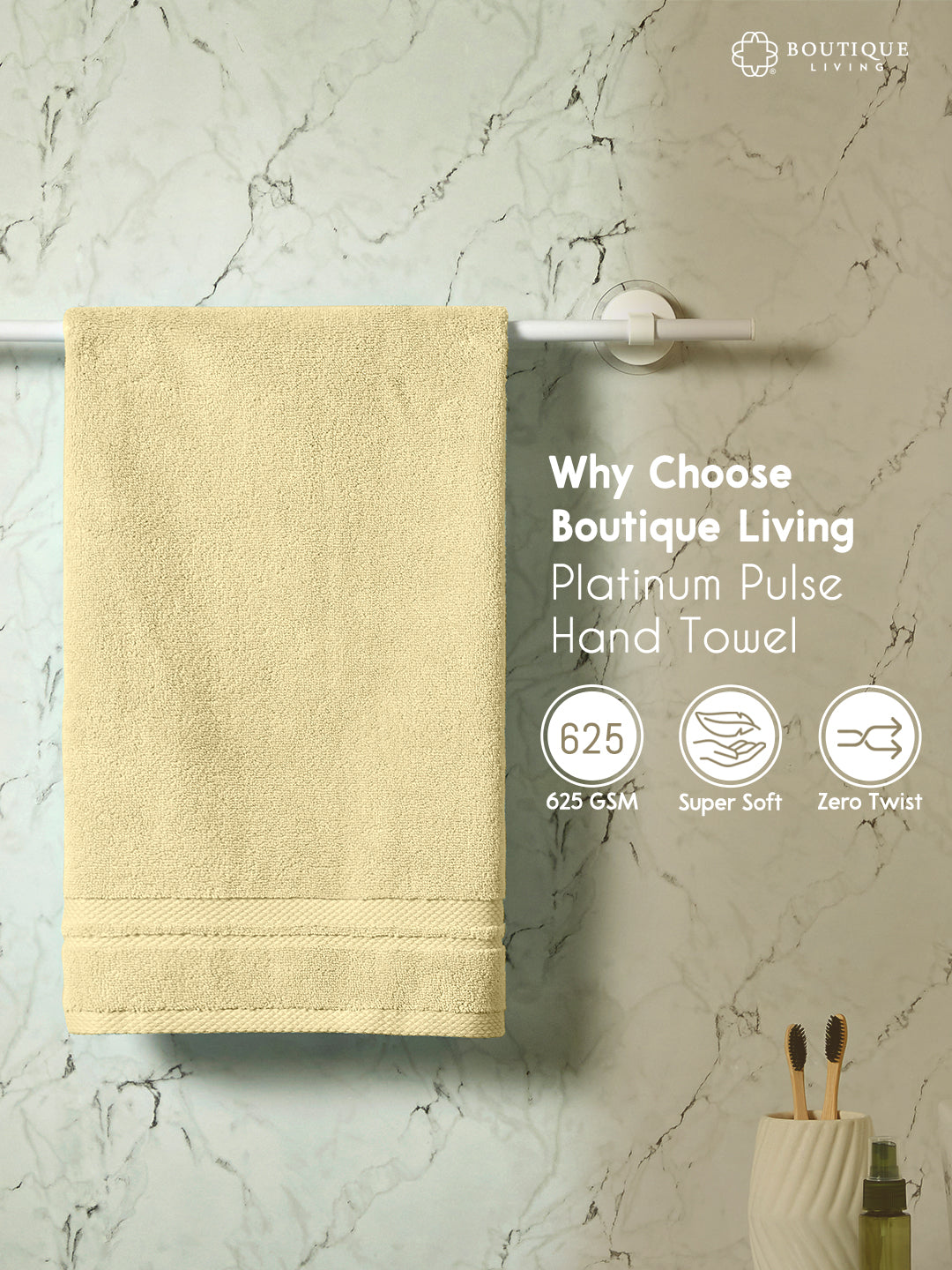 Platinum Pulse 100% Cotton 625 GSM Cream Hand Towels (Pack of 2) - Zero Twisted Technology
