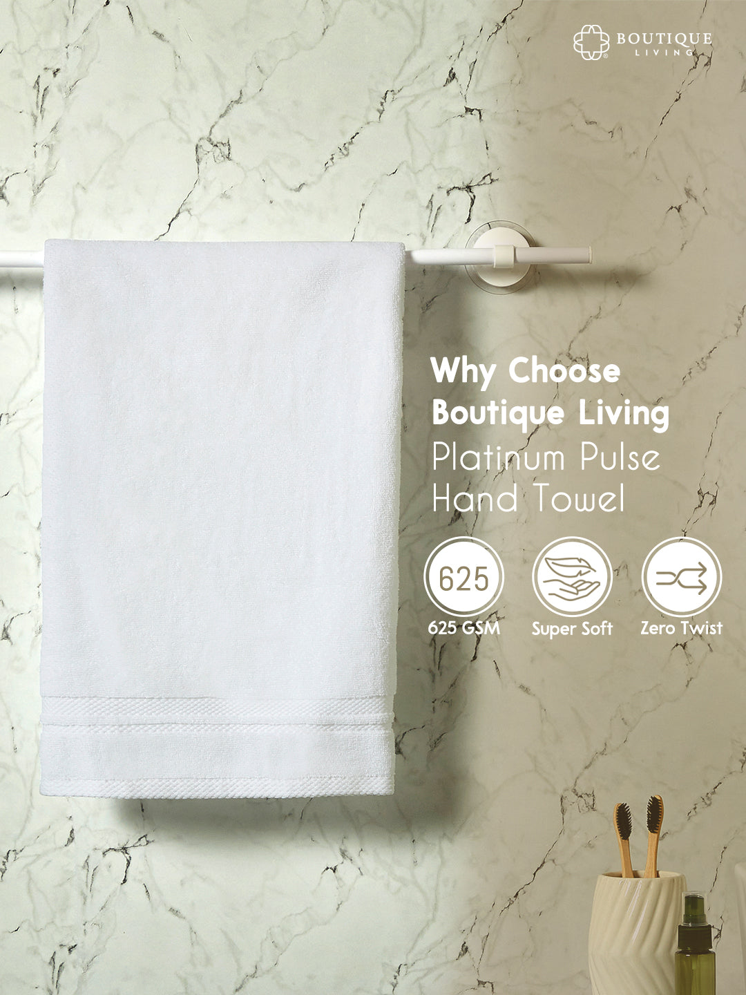 Platinum Pulse 100% Cotton 625 GSM White Hand Towels (Pack of 2) - Zero Twisted Technology