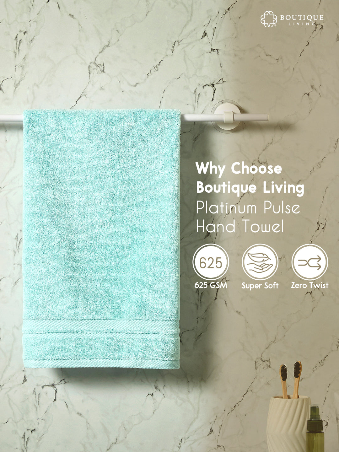 Platinum Pulse 100% Cotton 625 GSM Light Blue Hand Towels (Pack of 2) - Zero Twisted Technology