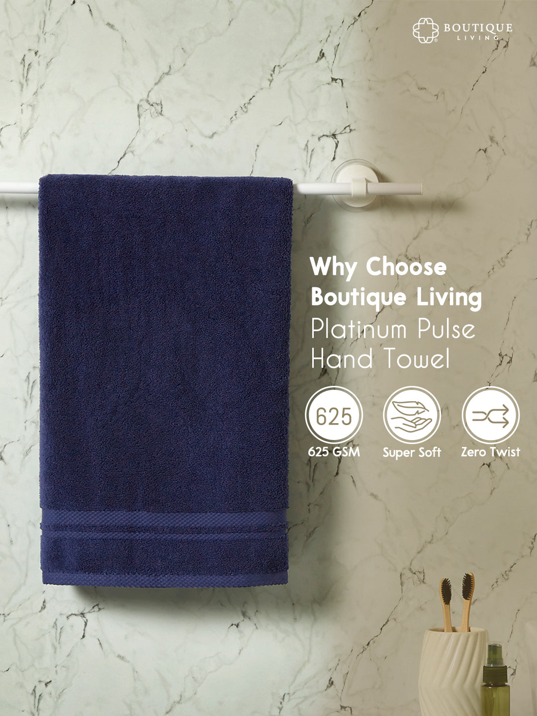 Platinum Pulse 100% Cotton 625 GSM Navy Blue Hand Towels (Pack of 2) - Zero Twisted Technology