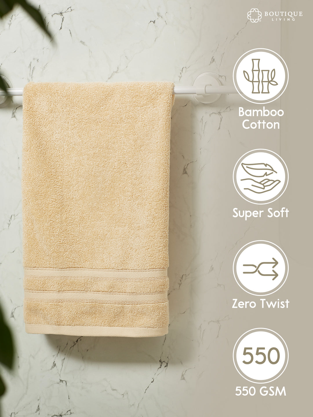 Zen Living Cotton Bamboo 550 GSM Cream Hand Towels (Pack of 2) - Zero Twisted Technology