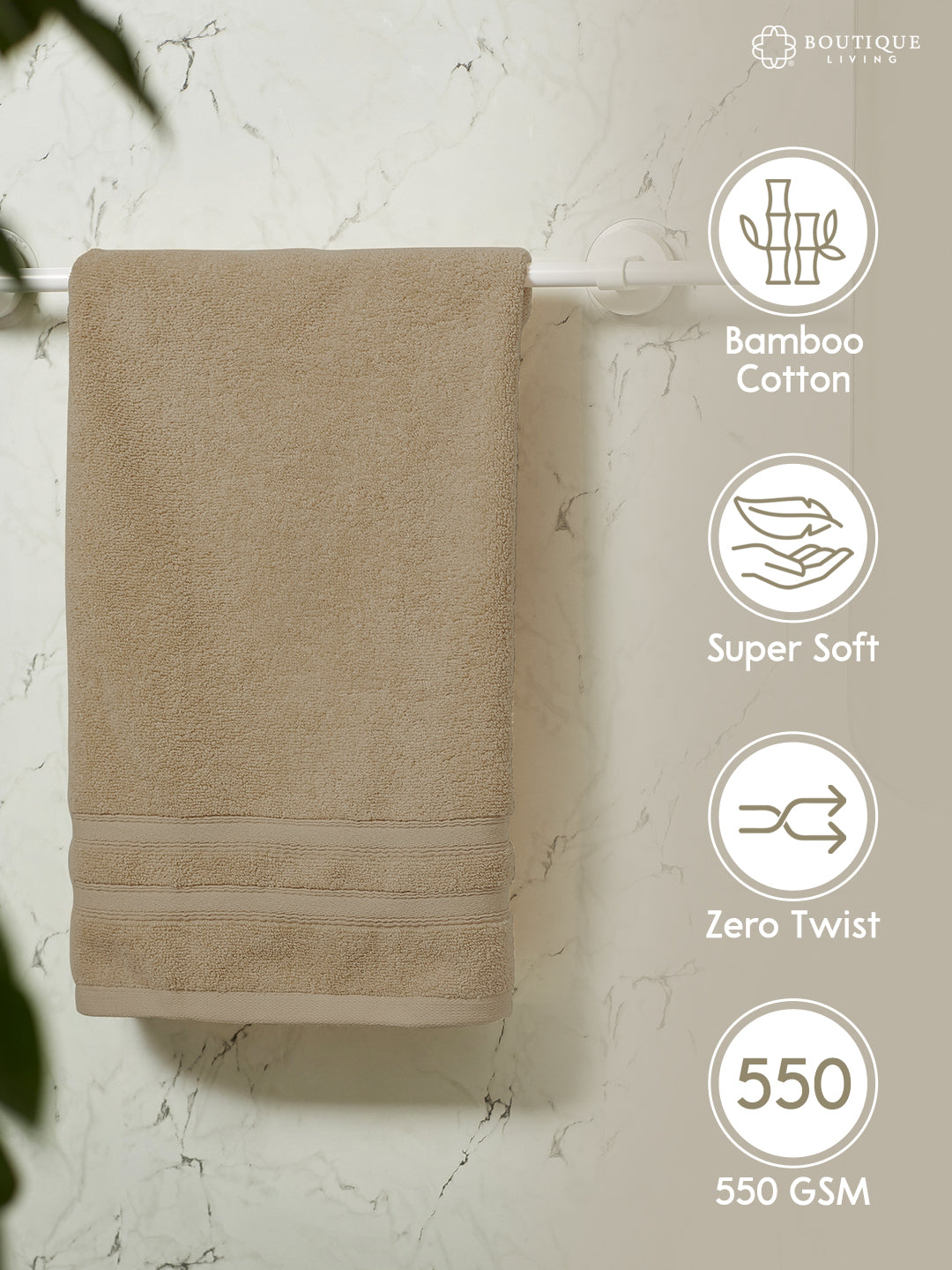Zen Living Cotton Bamboo 550 GSM Beige Hand Towels (Pack of 2) - Zero Twisted Technology