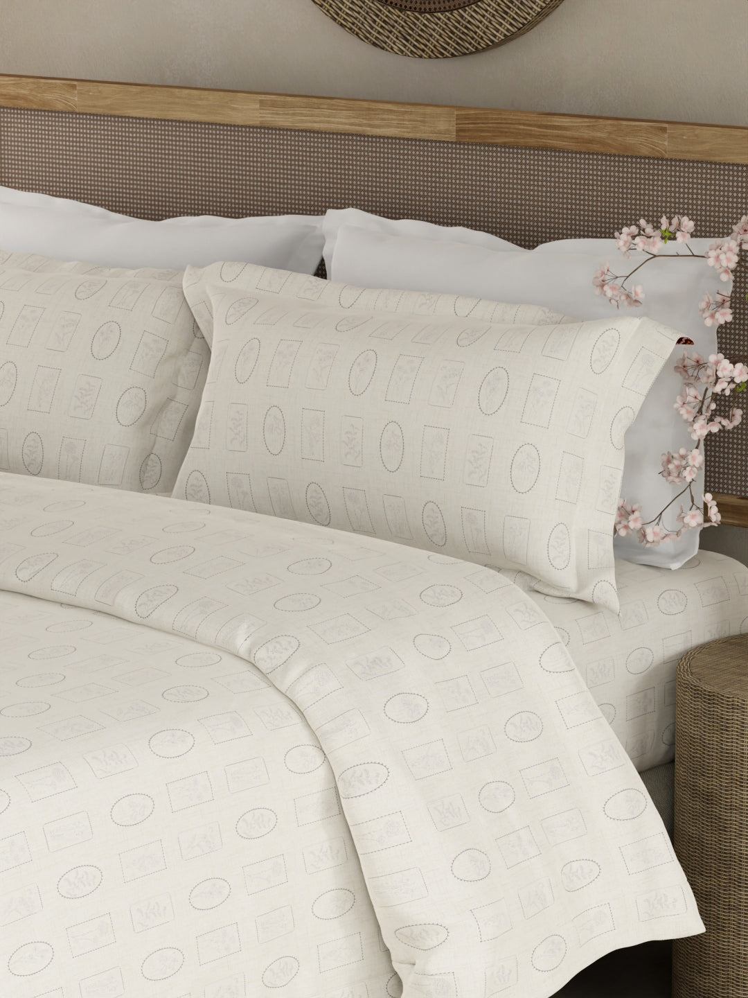100% Cotton 300 TC King Bedsheet with 2 Pillow Covers - White & Grey Geometrical Print, Cottage Garden