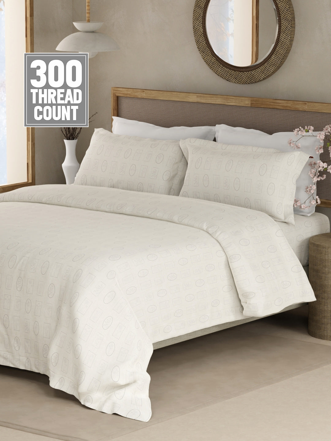 100% Cotton 300 TC King Bedsheet with 2 Pillow Covers - White & Grey Geometrical Print, Cottage Garden