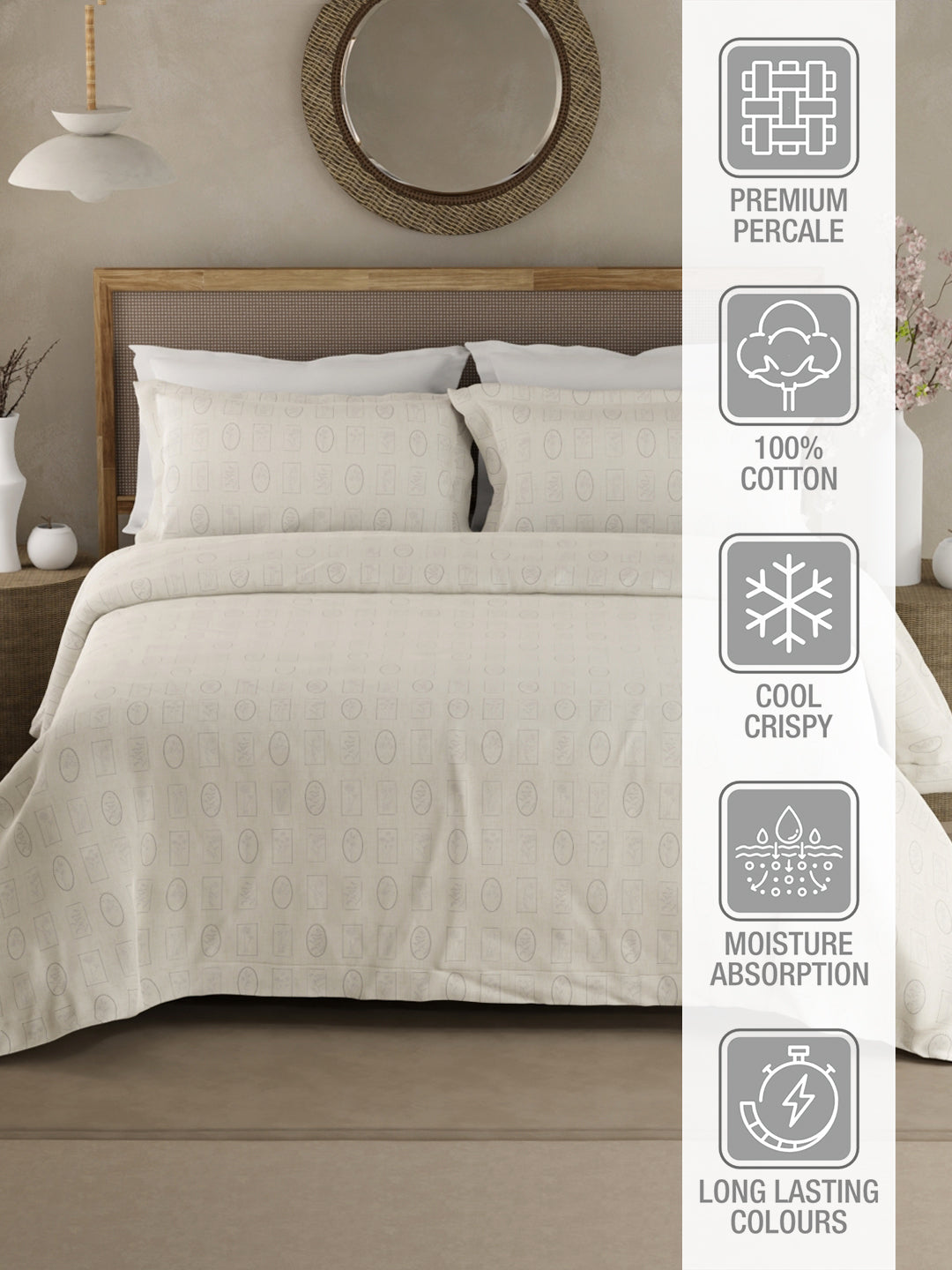 100% Cotton 300 TC King Bedsheet with 2 Pillow Covers - White & Grey Geometrical Print, Cottage Garden