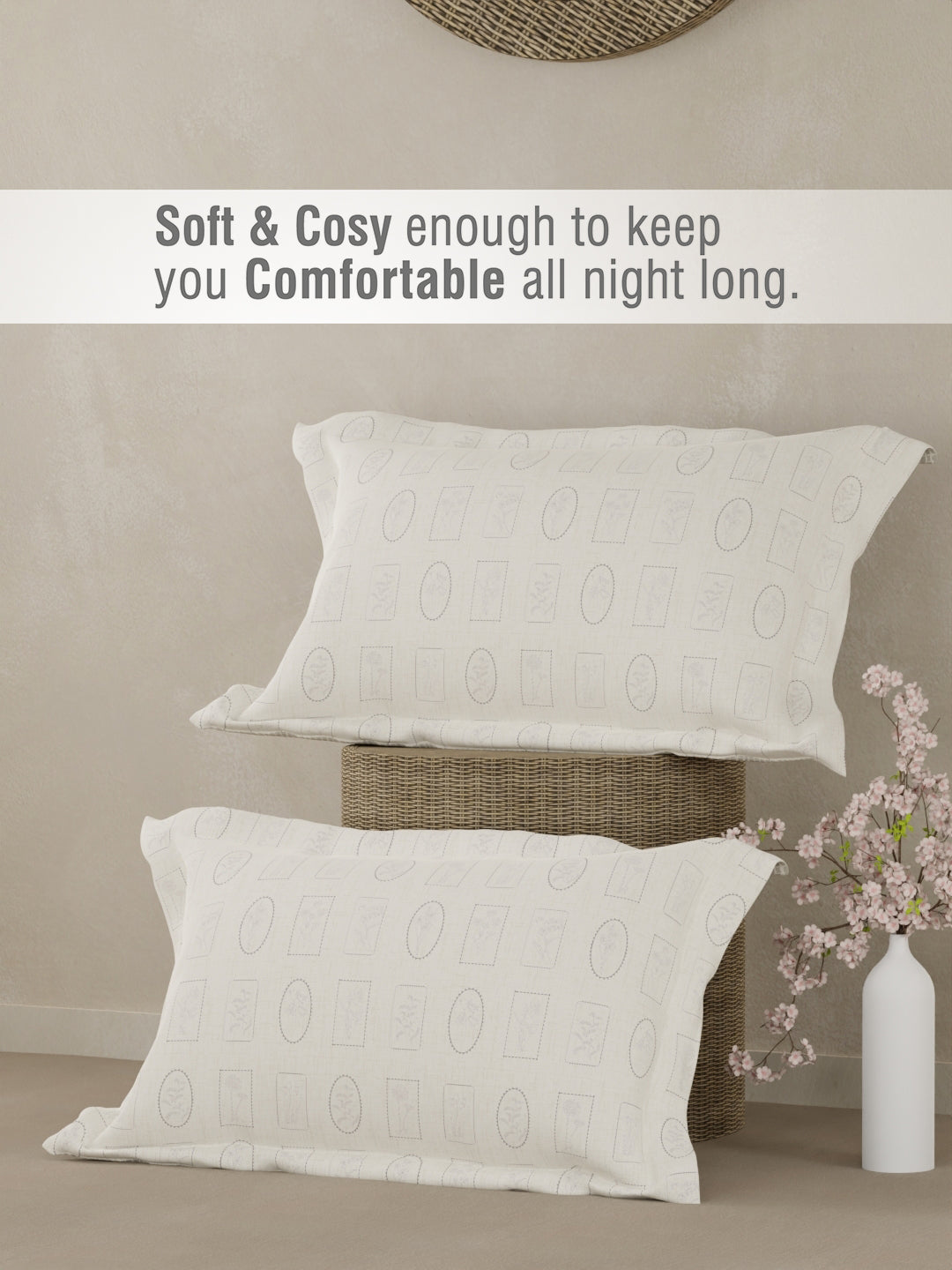 100% Cotton 300 TC King Bedsheet with 2 Pillow Covers - White & Grey Geometrical Print, Cottage Garden