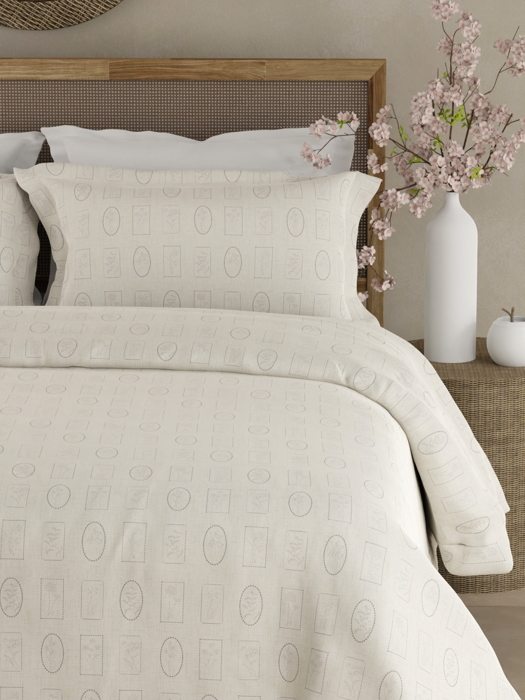 100% Cotton 300 TC King Bedsheet with 2 Pillow Covers - White & Grey Geometrical Print, Cottage Garden