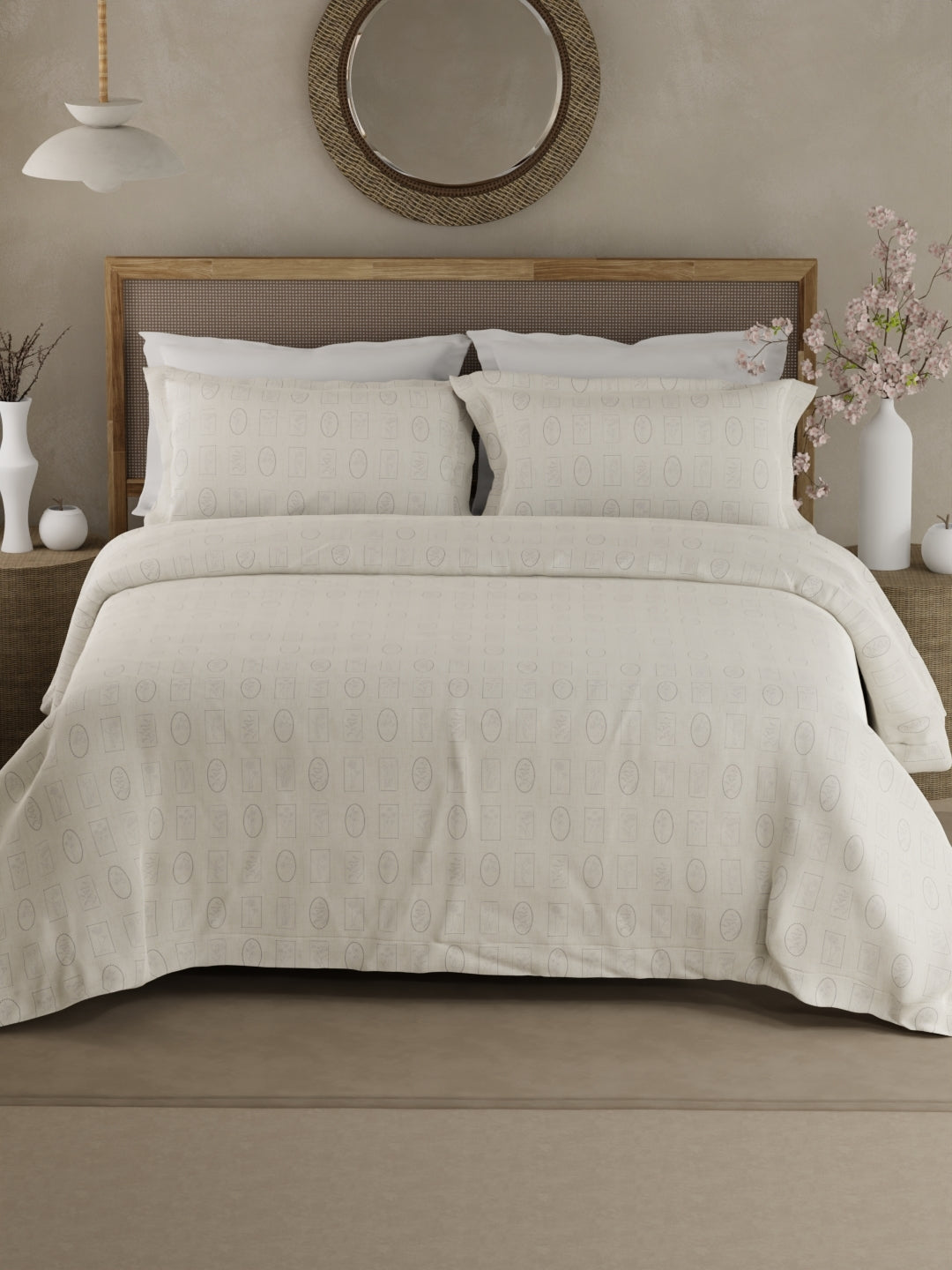100% Cotton 300 TC King Bedsheet with 2 Pillow Covers - White & Grey Geometrical Print, Cottage Garden