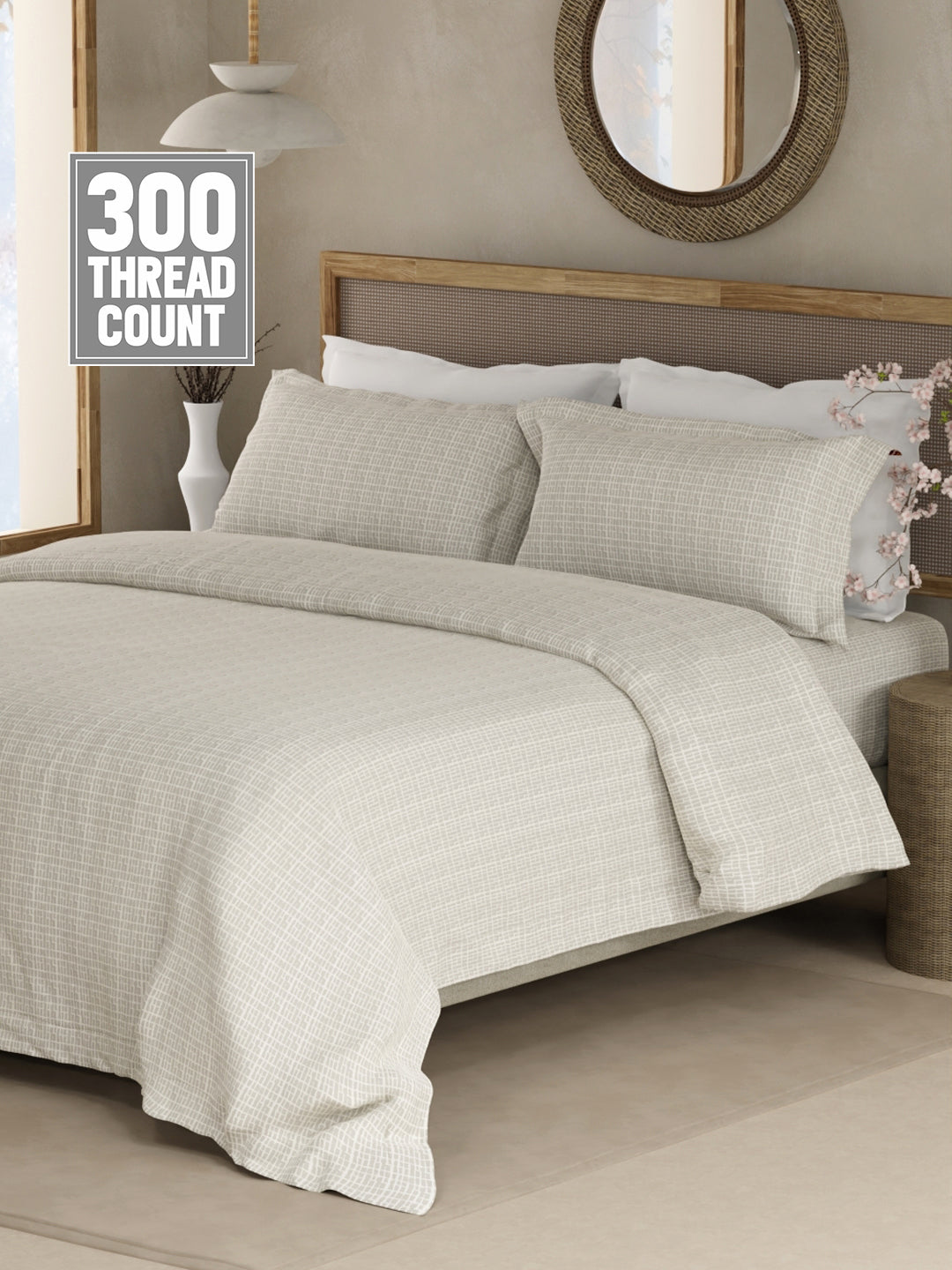 100% Cotton 300 TC King Bedsheet with 2 Pillow Covers - Grey Printed, Cottage Garden