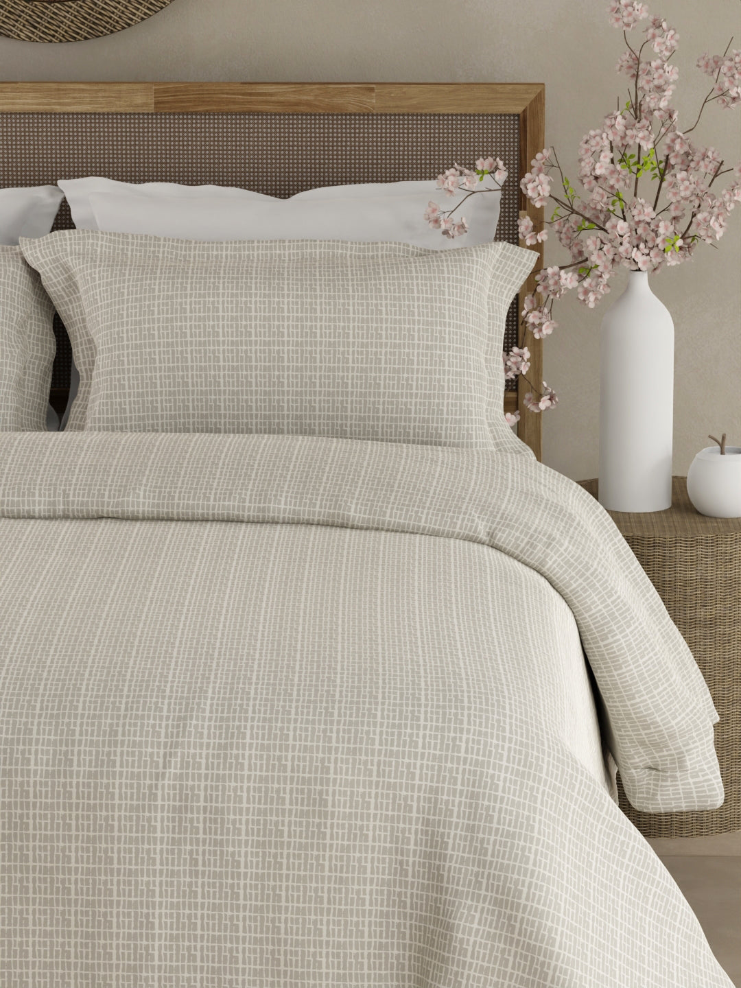 100% Cotton 300 TC King Bedsheet with 2 Pillow Covers - Grey Printed, Cottage Garden