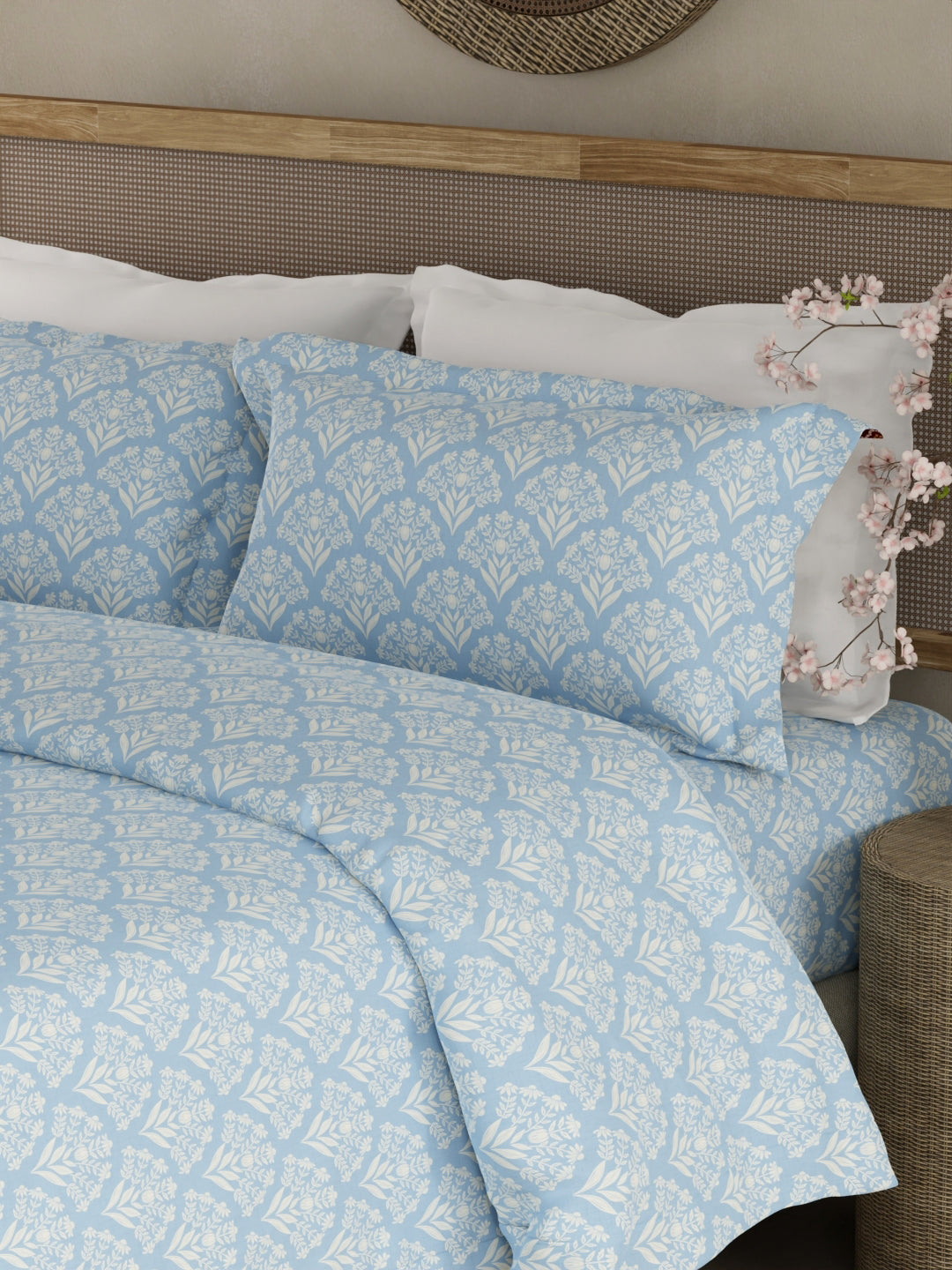 100% Cotton 300 TC King Bedsheet with 2 Pillow Covers - Blue & White Floral, Cottage Garden