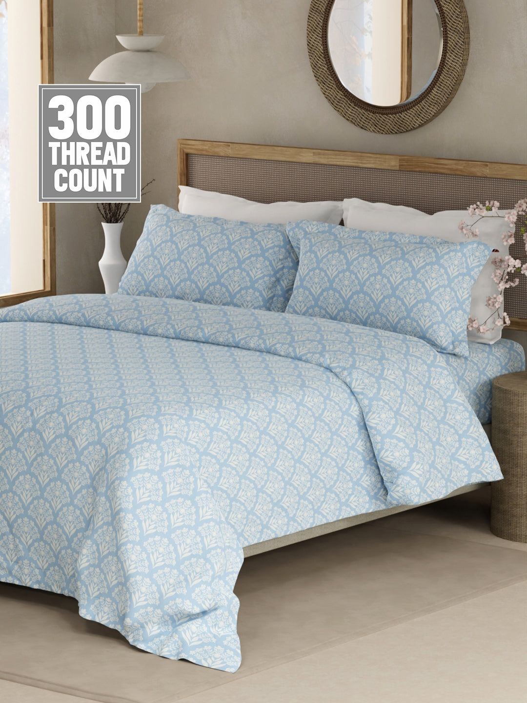 100% Cotton 300 TC King Bedsheet with 2 Pillow Covers - Blue & White Floral, Cottage Garden